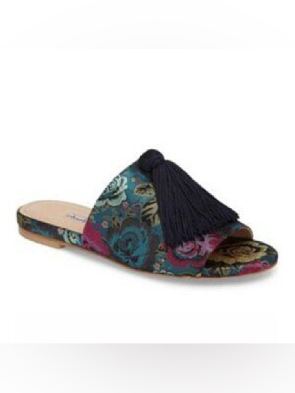 CHARLES DAVID Open Toe Teal Multicolor Floral Tapestry Tassel Slide Shoes